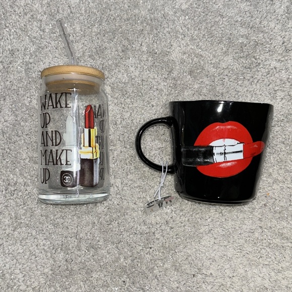 Wake up and Makeup glass w lid and glass straw with Lipstick-mug set! - Picture 3 of 6